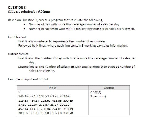 QUESTION 3
(1 hour: solution by 6.00pm)
Based on Question 1, create a program that calculate the following;
• Number of day with more than average number of sales per day.
• Number of salesman with more than average number of sales per saleman.
Input format:
First line is an integer N, represents the number of employees.
Followed by N lines, where each line contain 5 working day sales information.
Output format:
First line is: the number of day with total is more than average number of sales per
day.
Second line is: the number of salesman with total is more than average number of
sales per saleman.
Example of input and output:
Input
Output
2 day(s)
3 person(s)
5
146.16 87.13 105.53 63.76 202.69
119.63 484.84 205.62 413.55 300.65
87.89 135.04 271.87 35.67 266.39
457.14 113.36 290.84 274.01 310.19
389.56 301.10 192.06 137.68 331.78
