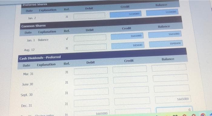 Preferred Shares
Date Explanation
Jan. 2
Common Shares
Date
Jan. 1 Balance
Aug. 12
Cash Dividends-Preferred
Date
Explanation
Mar 31
June 30
Explanation
Sept. 30
Dec. 31
loring ontry
Ref.
31
Ref.
V
31
Ref.
31
31
31
31
31
Debit
Debit
Debit
1665000
Credit
5550000
Credit
1665000
183600
Credit
Balance
Balance
1665000
1848600
Balance
1665000