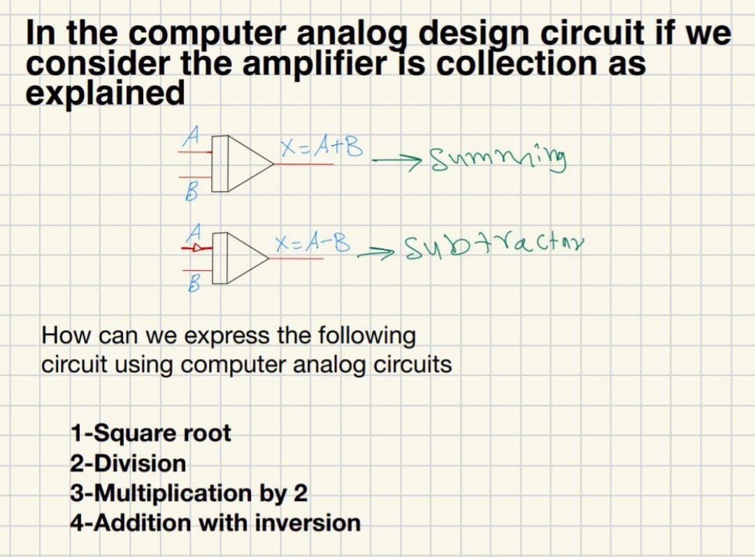 In the computer analog design circuit if we
consider the amplifier is collection as
explained
A
X=A+B
→ Summing
B
X-A-B
Subtractar
B
How can we express the following
circuit using computer analog circuits
1-Square root
2-Division
3-Multiplication by 2
4-Addition with inversion