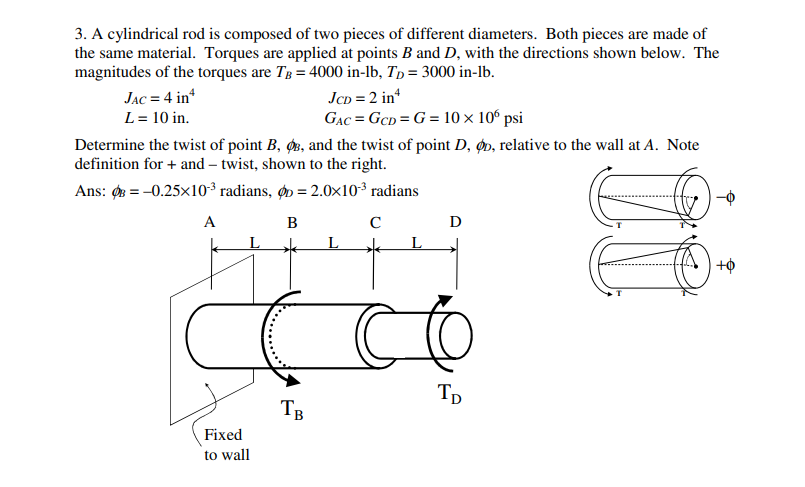 3. A cylindrical rod is composed of two pieces of different diameters. Both pieces are made of
the same material. Torques are applied at points B and D, with the directions shown below. The
magnitudes of the torques are Tg = 4000 in-lb, Tp = 3000 in-lb.
JAC = 4 in
L = 10 in.
JcD = 2 in
GẠC = GCD = G = 10 × 10° psi
Determine the twist of point B, Ør, and the twist of point D, øp, relative to the wall at A. Note
definition for + and – twist, shown to the right.
Ans: = -0.25x10³ radians, øp = 2.0×10³ radians
A
D
Tp
IB
Fixed
to wall
