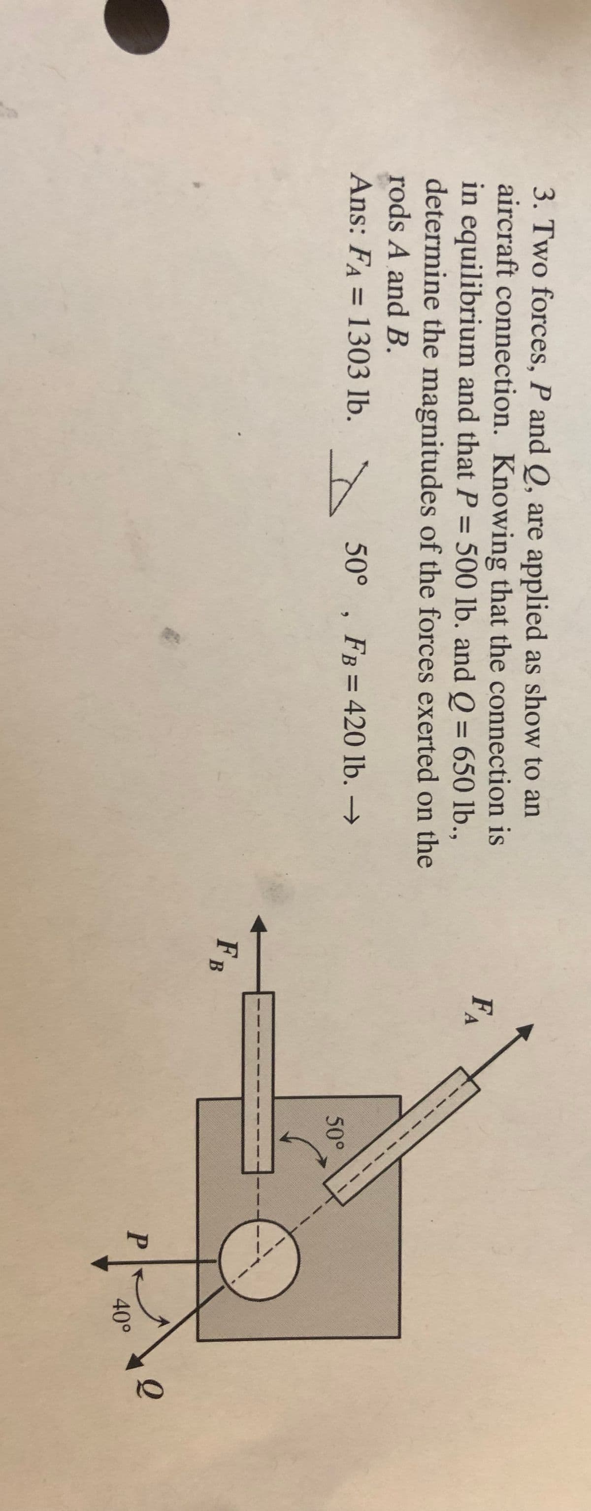 3. Two forces, P and Q, are applied as show to an
aircraft connection. Knowing that the connection is
in equilibrium and that P = 500 lb. and 0 = 650 lb.,
determine the magnitudes of the forces exerted on the
rods A and B.
FA
%3D
%3D
Ans: FA = 1303 lb. 50° , FB = 420 lb. →
%3D
%3D
50°
FB
40°
