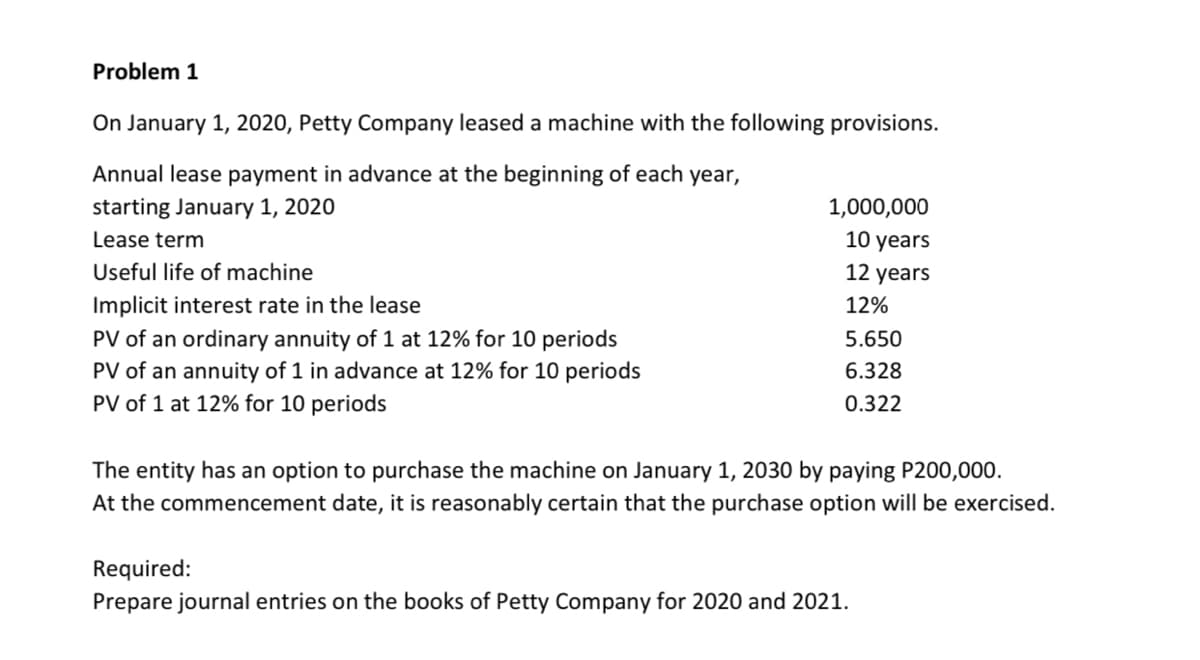 Problem 1
On January 1, 2020, Petty Company leased a machine with the following provisions.
Annual lease payment in advance at the beginning of each year,
1,000,000
10 years
12 years
starting January 1, 2020
Lease term
Useful life of machine
Implicit interest rate in the lease
12%
PV of an ordinary annuity of 1 at 12% for 10 periods
PV of an annuity of 1 in advance at 12% for 10 periods
PV of 1 at 12% for 10 periods
5.650
6.328
0.322
The entity has an option to purchase the machine on January 1, 2030 by paying P200,000.
At the commencement date, it is reasonably certain that the purchase option will be exercised.
Required:
Prepare journal entries on the books of Petty Company for 2020 and 2021.
