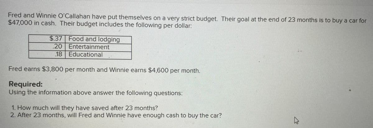 Fred and Winnie O'Callahan have put themselves on a very strict budget. Their goal at the end of 23 months is to buy a car for
$47,000 in cash. Their budget includes the following per dollar:
$.37 Food and lodging
20 Entertainment
Educational
18
Fred earns $3,800 per month and Winnie earns $4,600 per month.
Required:
Using the information above answer the following questions:
1. How much will they have saved after 23 months?
2. After 23 months, will Fred and Winnie have enough cash to buy the car?
46
4