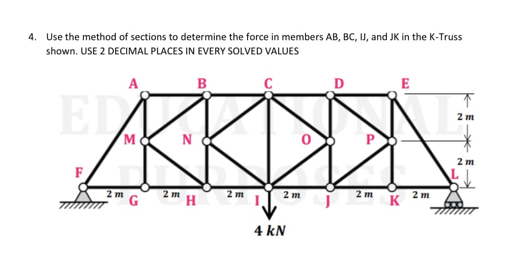 4. Use the method of sections to determine the force in members AB, BC, IJ, and JK in the K-Truss
shown. USE 2 DECIMAL PLACES IN EVERY SOLVED VALUES
EDV
M
2 m
2m
B
N
H
2 m
C
2 m
4 kN
D
2 m
K
E
2 m
↑
2 m
2 m