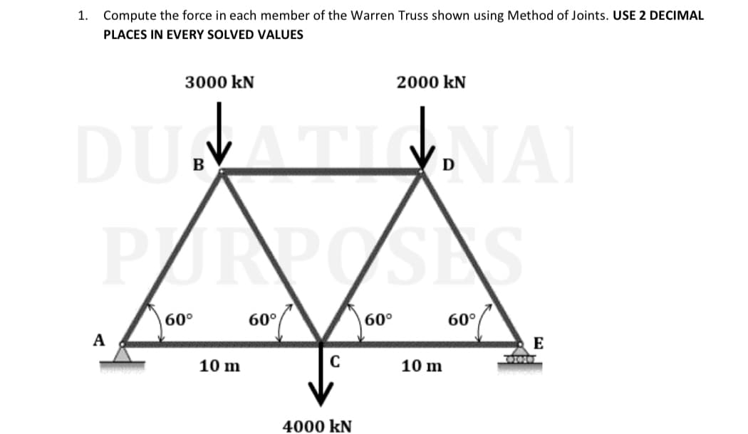 1. Compute the force in each member of the Warren Truss shown using Method of Joints. USE 2 DECIMAL
PLACES IN EVERY SOLVED VALUES
3000 KN
A
DUVATE NAI
B
60°
10 m
60°
C
4000 KN
2000 KN
60°
10 m
60°
E
000