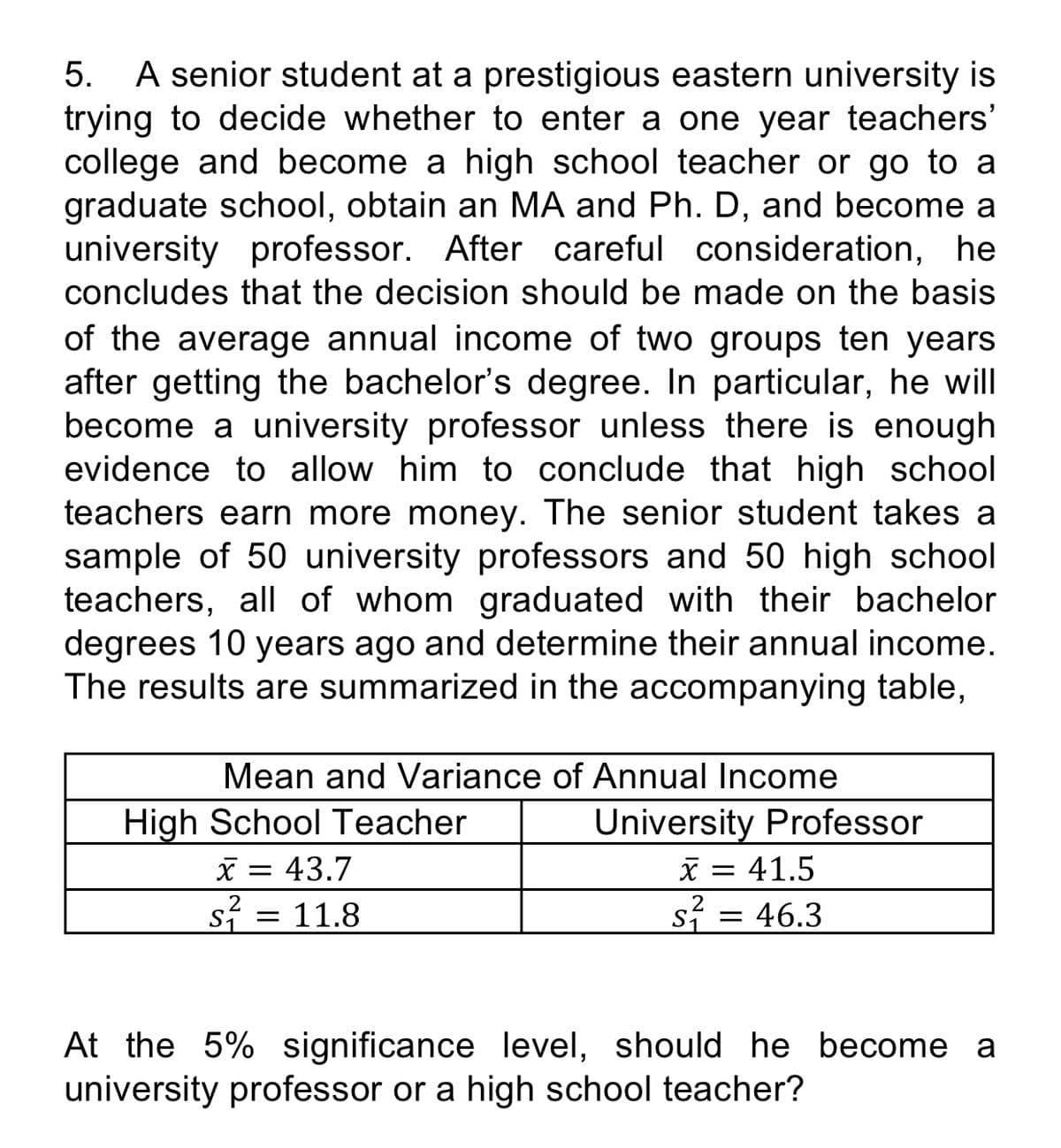 5. A senior student at a prestigious eastern university is
trying to decide whether to enter a one year teachers'
college and become a high school teacher or go to a
graduate school, obtain an MA and Ph. D, and become a
university professor. After careful consideration, he
concludes that the decision should be made on the basis
of the average annual income of two groups ten years
after getting the bachelor's degree. In particular, he will
become a university professor unless there is enough
evidence to allow him to conclude that high school
teachers earn more money. The senior student takes a
sample of 50 university professors and 50 high school
teachers, all of whom graduated with their bachelor
degrees 10 years ago and determine their annual income.
The results are summarized in the accompanying table,
Mean and Variance of Annual Income
High School Teacher
x 43.7
s² = 11.8
University Professor
x = 41.5
s²
= 46.3
At the 5% significance level, should he become a
university professor or a high school teacher?