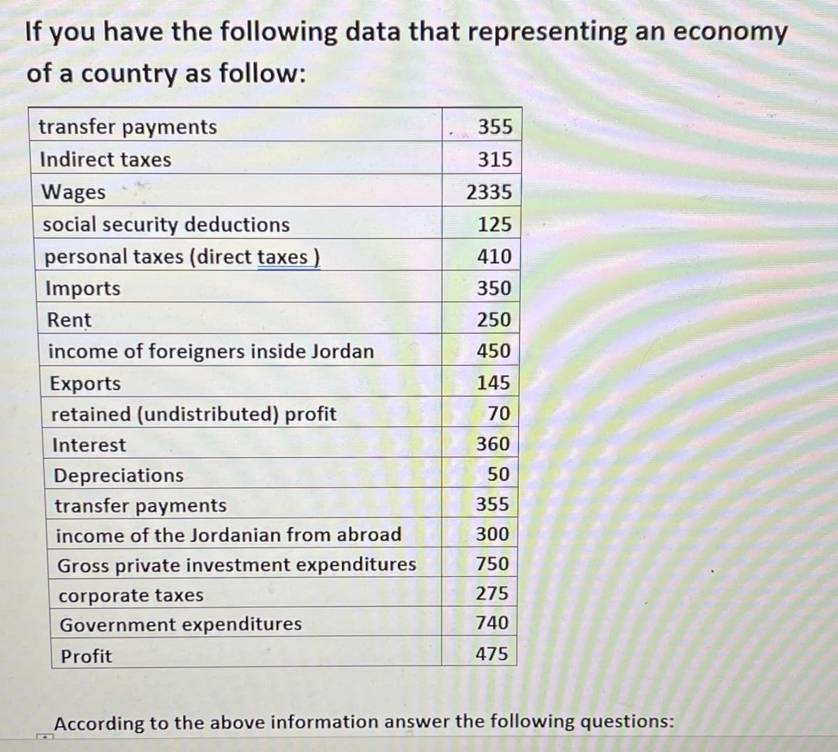 If you have the following data that representing an economy
of a country as follow:
transfer payments
355
Indirect taxes
315
Wages
2335
social security deductions
125
personal taxes (direct taxes )
Imports
410
350
Rent
250
income of foreigners inside Jordan
450
145
Exports
retained (undistributed) profit
70
Interest
360
50
Depreciations
transfer payments
355
income of the Jordanian from abroad
300
Gross private investment expenditures
750
275
corporate taxes
Government expenditures
740
Profit
475
According to the above information answer the following questions:
