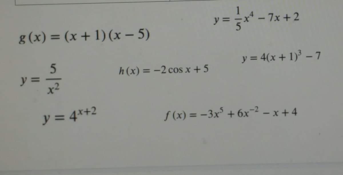 x* – 7x + 2
g (x) = (x + 1) (x – 5)
%3D
h(x) = -2 cos x +5
y = 4(x + 1) – 7
y =
x2
y = 4*+2
f (x) = -3x + 6x-2 – x +4
II
