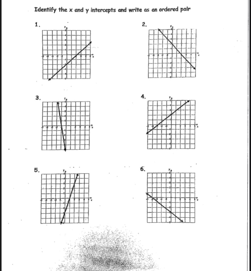 Identify the x and y intercepts and write as an ordered pair
1.
2.
4.
5.
6.
3.
