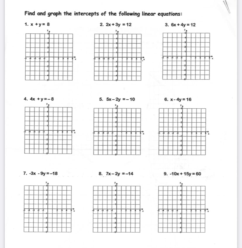 Find and graph the intercepts of the following linear equations:
1. x +y = 8
2. 2x+3y = 12
3. 6x + 4y = 12
4. 4x +y=-8
5. 5x- 2y =-10
6. x-4y = 16
7. -3x - 9y =-18
8. 7x-2y =-14
9. -10x + 15y = 60
