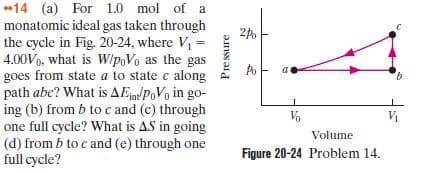 *14 (a) For 1.0 mol of a
monatomic ideal gas taken through
the cycle in Fig. 20-24, where V =
4.00Vo, what is W/poVo as the gas
goes from state a to state c along
path abc? What is AEnPoVo in go-
ing (b) from b to c and (c) through
one full cycle? What is AS in going
(d) from b to c and (e) through one
full cycle?
24.
Vo
V1
Volume
Figure 20-24 Problem 14.
Pressure
