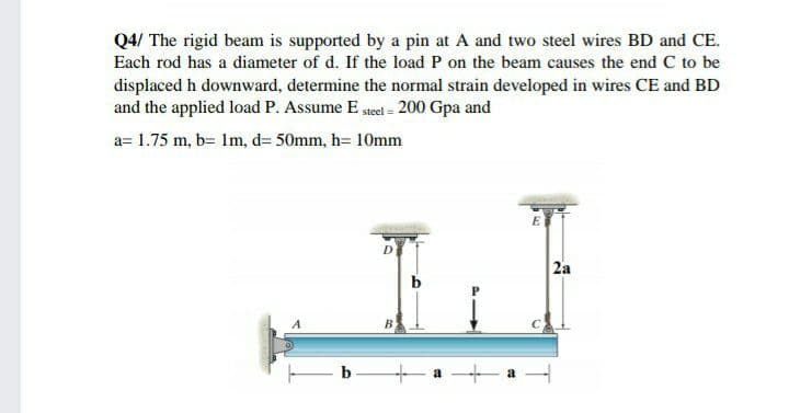 Q4/ The rigid beam is supported by a pin at A and two steel wires BD and CE.
Each rod has a diameter of d. If the load P on the beam causes the end C to be
displaced h downward, determine the normal strain developed in wires CE and BD
and the applied load P. Assume E steel= 200 Gpa and
a= 1.75 m, b= Im, d= 50mm, h= 10mm
2a
