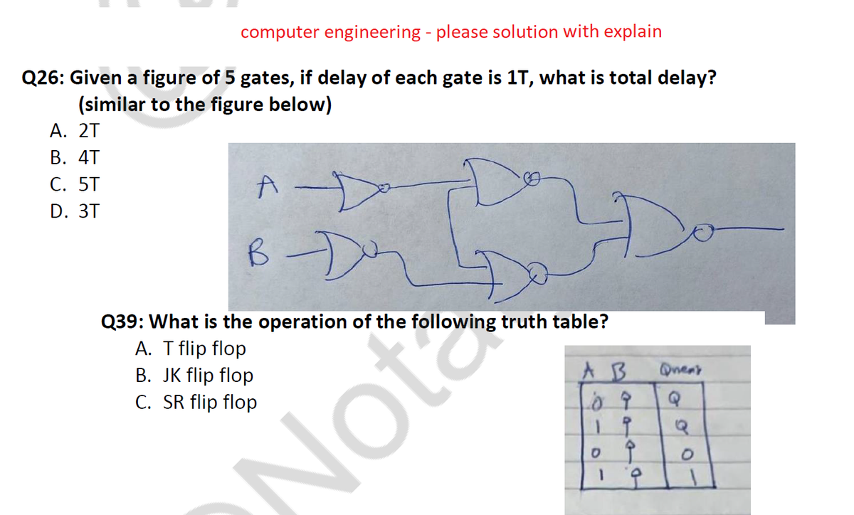 computer engineering - please solution with explain
Q26: Given a figure of 5 gates, if delay of each gate is 1T, what is total delay?
(similar to the figure below)
A. 2T
B. 4T
C. 5T
D. 3T
A
B-DO
Q39: What is the operation of the following truth table?
A. T flip flop
B. JK flip flop
C. SR flip flop
Nota
AB
10 9
1 O
Do
Quent
G
Q