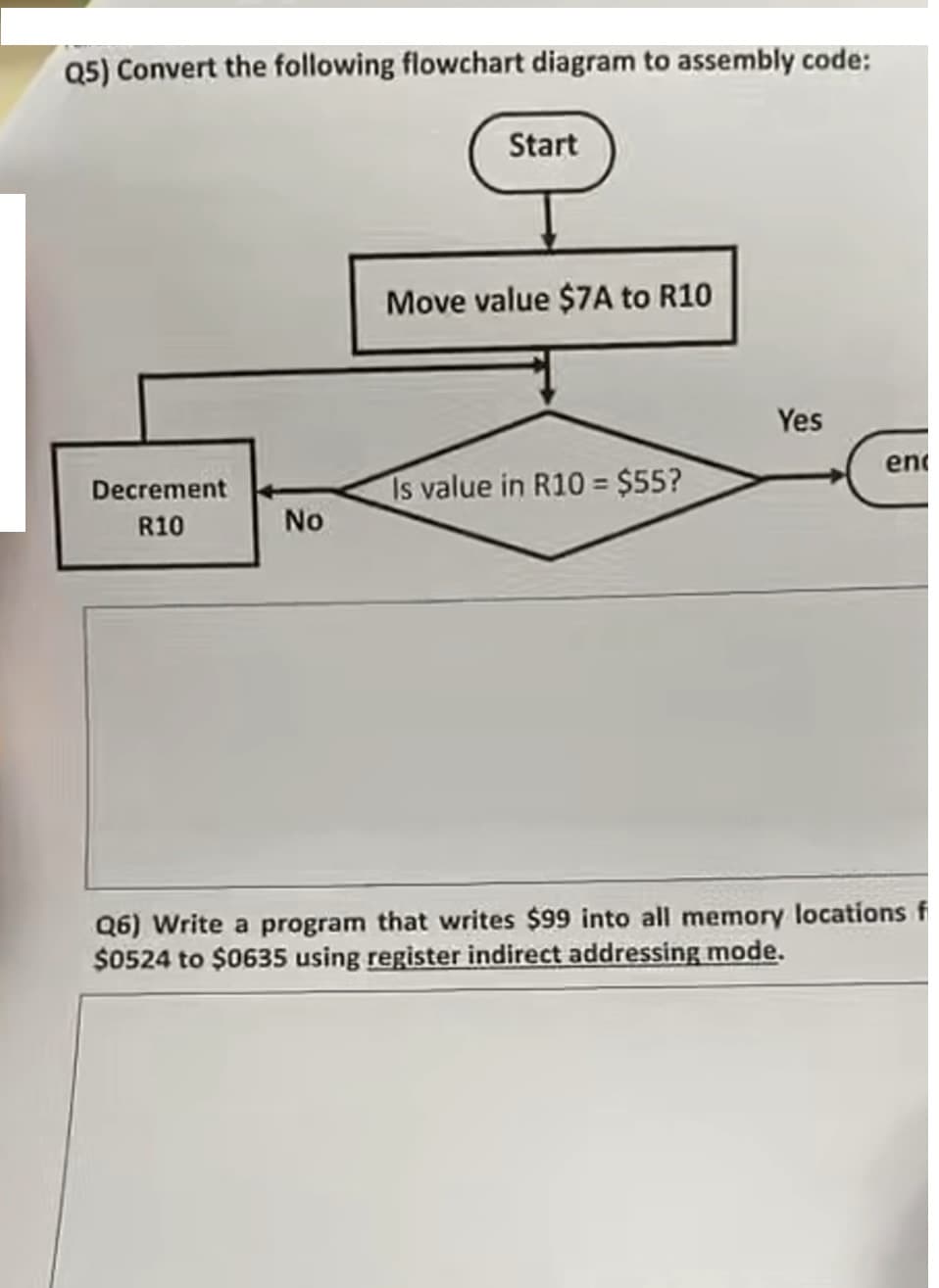 Q5) Convert the following flowchart diagram to assembly code:
Decrement
R10
No
Start
Move value $7A to R10
Is value in R10 = $55?
Yes
en
Q6) Write a program that writes $99 into all memory locations f
$0524 to $0635 using register indirect addressing mode.