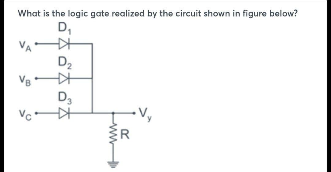 What is the logic gate realized by the circuit shown in figure below?
D₁
VA
VB
Vc
KH
D₂
D₂
KH
www
Vy
R