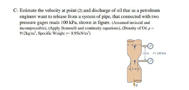 C- Estimate the velocity at point (2) and discharge of oil that as a petroleum
engineer want to release from a system of pipe, that connected with two
pressure gages reads 100 kPa, shown in figure. (Assumed inviscid and
incompressible), (Apply Bernoulli and continuity equations), (Density of Oil p =
912kg/m', Specific Weight y= 8.95kN/m')
12 m
P = 100 kPa
1.
