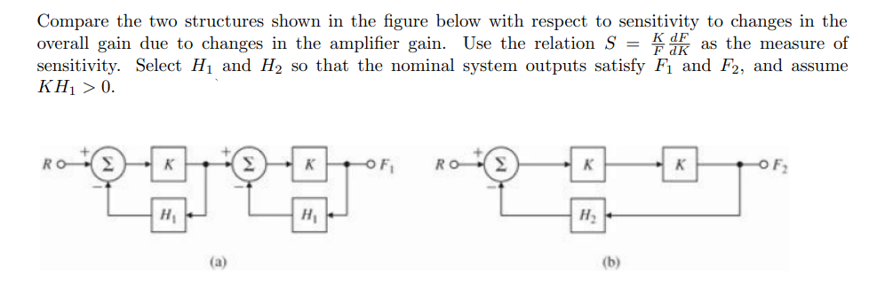 Compare the two structures shown in the figure below with respect to sensitivity to changes in the
overall gain due to changes in the amplifier gain. Use the relation S = K as the measure of
sensitivity. Select H₁ and H₂ so that the nominal system outputs satisfy F₁ and F2, and assume
KH₁ > 0.
"egeg
RO
K
H₂
(b)
K
-OF₂