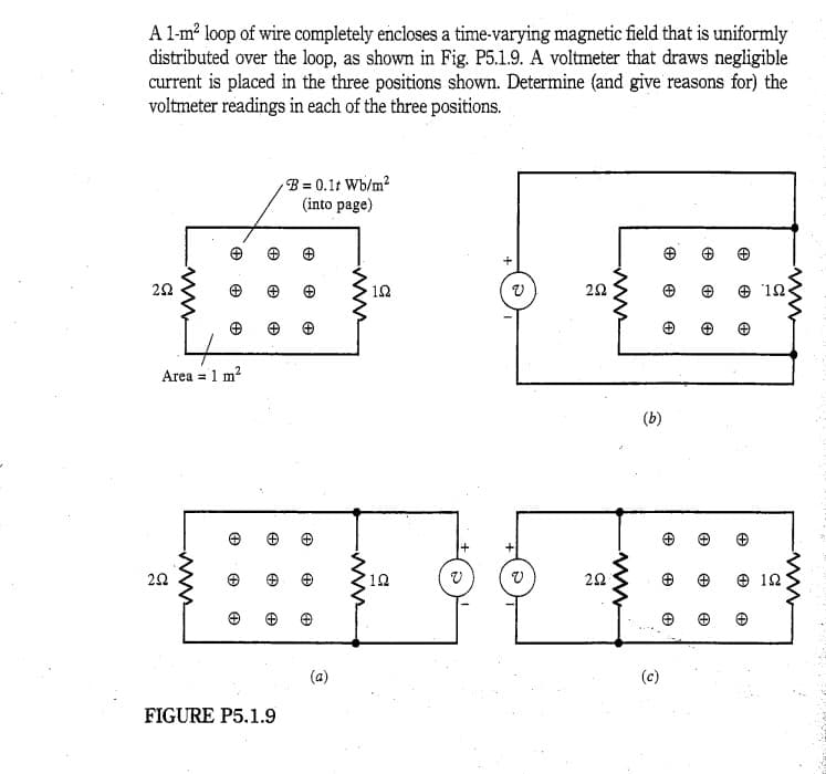 A 1-m² loop of wire completely encloses a time-varying magnetic field that is uniformly
distributed over the loop, as shown in Fig. P5.1.9. A voltmeter that draws negligible
current is placed in the three positions shown. Determine (and
voltmeter readings in each of the three positions.
give
reasons for) the
252
wwww
252
Ⓡ
www.
+
Area = 1 m²
+
Ⓒ
Ⓒ
Ⓡ
+
✪
FIGURE P5.1.9
B= 0.1t Wb/m²
(into page)
#
+
✪
Ⓡ
(a)
www.
www.
192
10
2592
252
-www
www.
(b)
(c)
Θ
+
+
Ⓒ
✪
Ⓒ
+
Ⓒ
A
Ⓒ
Ⓒ
+
A
+
✪
192
www