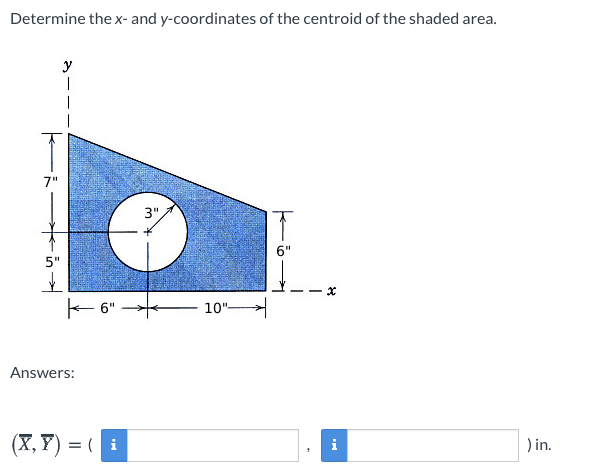 Determine the x- and y-coordinates of the centroid of the shaded area.
y
7"
3",
5"
- 6"
10"-
Answers:
(X, Y) = ( i
) in.
