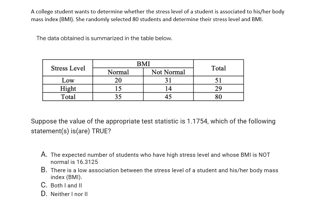 A college student wants to determine whether the stress level of a student is associated to his/her body
mass index (BMI). She randomly selected 80 students and determine their stress level and BMI.
The data obtained is summarized in the table below.
BMI
Stress Level
Total
Normal
Not Normal
Low
20
31
51
Hight
15
14
29
Total
35
45
80
Suppose the value of the appropriate test statistic is 1.1754, which of the following
statement(s) is(are) TRUE?
A. The expected number of students who have high stress level and whose BMI is NOT
normal is 16.3125
B. There is a low association between the stress level of a student and his/her body mass
index (BMI).
C. Both I and II
D. Neither I nor II
