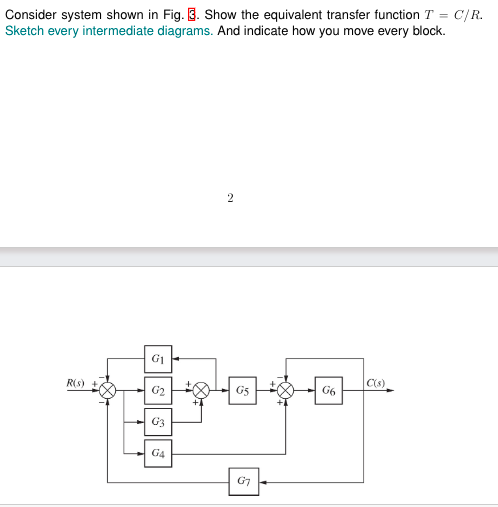 Consider system shown in Fig. 3. Show the equivalent transfer function T = C/R.
Sketch every intermediate diagrams. And indicate how you move every block.
R(s)
G₁
G₂
G3
G4
G5
G7
G6
C(s)