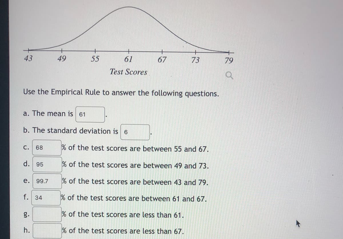 +
43
49
55
61
67
73
79
Test Scores
Use the Empirical Rule to answer the following questions.
a. The mean is 61
b. The standard deviation is 6
с.
% of the test scores are between 55 and 67.
68
d. 95
% of the test scores are between 49 and 73.
e. 99.7
% of the test scores are between 43 and 79.
f. 34
% of the test scores are between 61 and 67.
g.
% of the test scores are less than 61.
h.
% of the test scores are less than 67.
