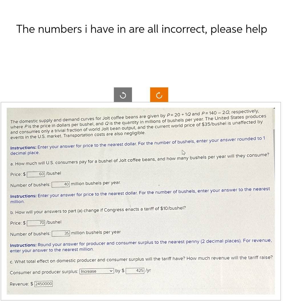The numbers i have in are all incorrect, please help
D
ง
The domestic supply and demand curves for Jolt coffee beans are given by P= 20 + 1Q and P= 140-2Q, respectively,
where Pis the price in dollars per bushel, and Q is the quantity in millions of bushels per year. The United States produces
and consumes only a trivial fraction of world Jolt bean output, and the current world price of $35/bushel is unaffected by
events in the U.S. market. Transportation costs are also negligible.
Instructions: Enter your answer for price to the nearest dollar. For the number of bushels, enter your answer rounded to 1
decimal place.
D
a. How much will U.S. consumers pay for a bushel of Jolt coffee beans, and how many bushels per year will they consume?
Price: $ 60/bushel
Number of bushels:
40 million bushels per year.
Instructions: Enter your answer for price to the nearest dollar. For the number of bushels, enter your answer to the nearest
million.
b. How will your answers to part (a) change if Congress enacts a tariff of $10/bushel?
Price: $
70/bushel
Number of bushels:
35 million bushels per year
Instructions: Round your answer for producer and consumer surplus to the nearest penny (2 decimal places). For revenue,
enter your answer to the nearest million.
c. What total effect on domestic producer and consumer surplus will the tariff have? How much revenue will the tariff raise?
Consumer and producer surplus: Increase
✓ by $
425/yr
Revenue: $2450000
