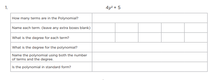 How many terms are in the Polynomial?
Name each term. (leave any extra boxes blank)
What is the degree for each term?
What is the degree for the polynomial?
Name the polynomial using both the number
of terms and the degree.
Is the polynomial in standard form?
4y² + 5