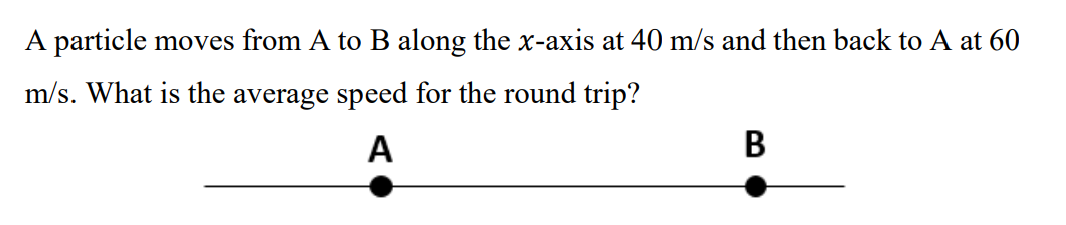 A particle moves from A to B along the x-axis at 40 m/s and then back to A at 60
m/s. What is the average speed for the round trip?
А
В
