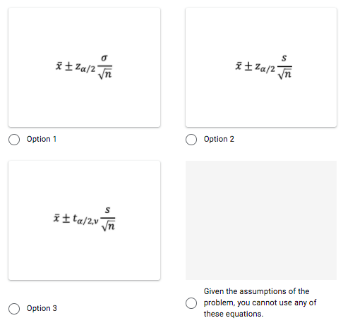 土Za/2
it Za/2°
Option 1
Option 2
え士 ta/2.v
Given the assumptions of the
problem, you cannot use any of
Option 3
these equations.
