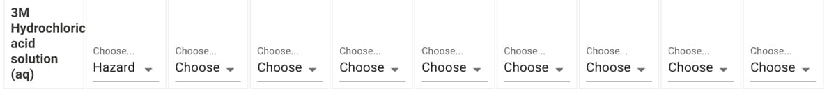 3M
Hydrochloric
acid
solution
(aq)
Choose...
Hazard
▼
Choose...
Choose
Choose...
Choose
Choose...
Choose
Choose...
Choose
Choose...
Choose
Choose...
Choose
Choose...
Choose
Choose...
Choose