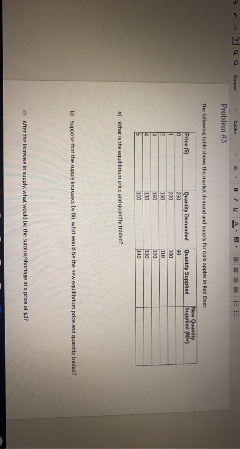 Normal
Calibri
11
BIUA
Problem #3
The following table shows the market demand and supply for Gala apples in Red Deer.
New Quantity
Supplied (80+)
Price ($)
|Quantity Demanded
250
|Quantity Supplied
90
220
100
190
110
3
4
160
120
130
130
15
100
140
a) What is the equilibrium price and quantity traded?
b) Suppose that the supply increases by 80, what would be the new equilibrium price and quantity traded?
c) After the increase in supply, what would be the surplus/shortage at a price of $3?
