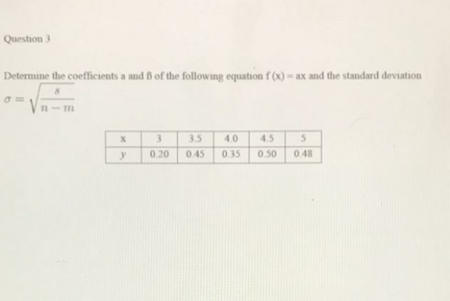 Question 3
Determine the coefficients a and B of the following equation f (x) = ax and the standard deviation
n-m
3.5
4.0
4.5
0.20
0.45
0.35
0.50
0.48
