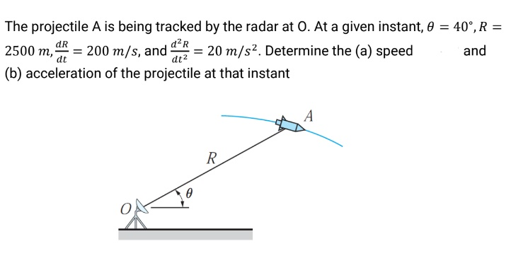 The projectile A is being tracked by the radar at O. At a given instant, 0 = 40°, R =
dR
d²R
2500 m, d = 200 m/s, and d = 20 m/s². Determine the (a) speed
and
dt
dt²
(b) acceleration of the projectile at that instant
0
R
A