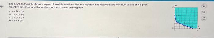 ←
The graph to the right shows a region of feasible solutions. Use this region to find maximum and minimum values of the given
objective functions, and the locations of these values on the graph.
a. z=2x+3y
b. z= 4x +9y
G. z = 5x + 3y
d. z = x+2y