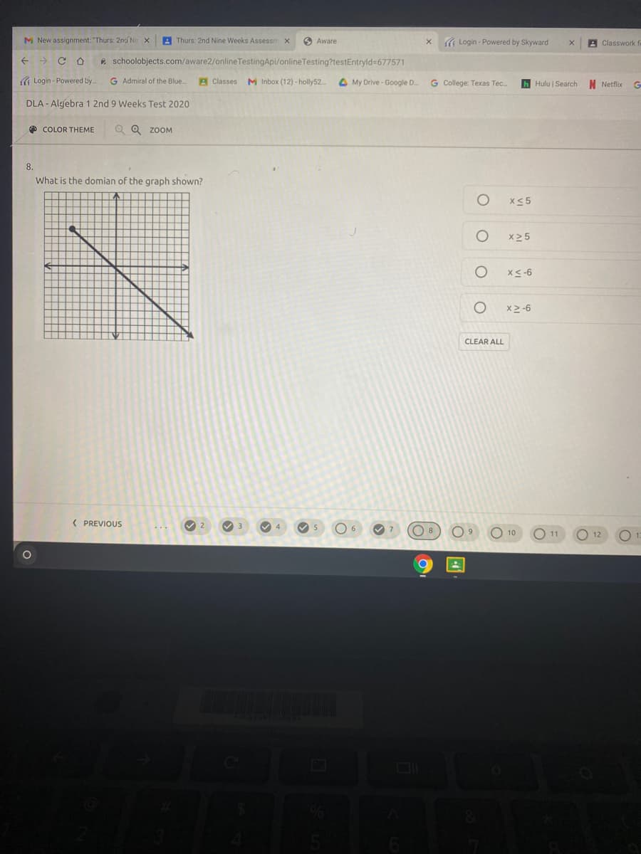 M New assignment: "Thurs: 2ni Ni X
A Thurs: 2nd Nine Weeks Assessn
O Aware
( Login - Powered by Skyward
A Classwork f
->
e schoolobjects.com/aware2/onlineTestingApi/onlineTesting?testEntryld=677571
A Login - Powered by.
G Admiral of the Blue.
A Classes
M Inbox (12) - holly52.
A My Drive - Google D.
G College: Texas Tec.
h Hulu | Search
N Netflix
G-
DLA - Algebra 1 2nd 9 Weeks Test 2020
O COLOR THEME
Q Q ZOOM
8.
What is the domian of the graph shown?
x<5
x > 5
X<-6
x > -6
CLEAR ALL
( PREVIOUS
O 8
O 10
O 12
11
