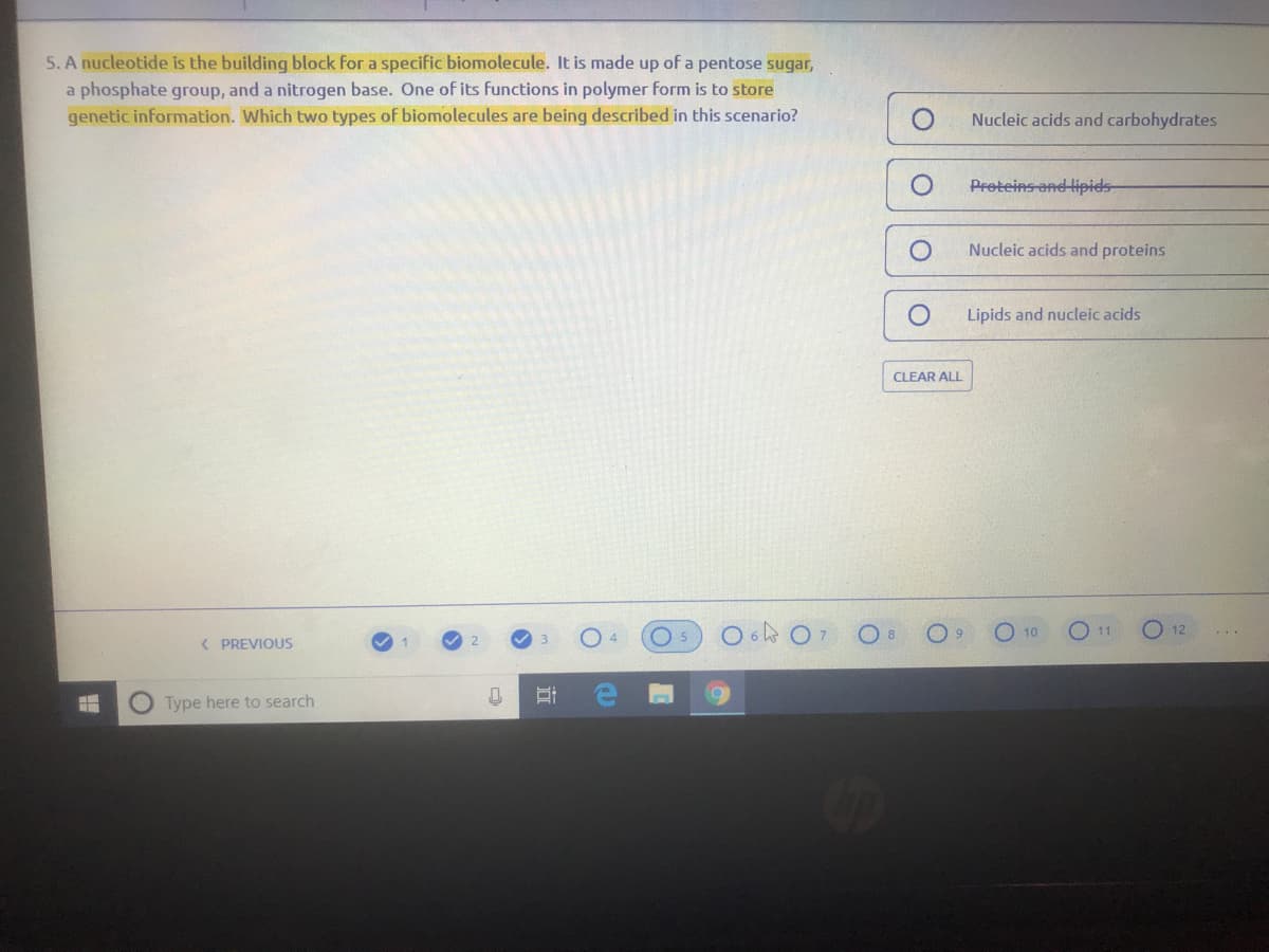 5. A nucleotide is the building block for a specific biomolecule. It is made up of a pentose sugar,
a phosphate group, and a nitrogen base. One of its functions in polymer form is to store
genetic information. Which two types of biomolecules are being described in this scenario?
Nucleic acids and carbohydrates
Proteins and lipids
Nucleic acids and proteins
Lipids and nucleic acids
CLEAR ALL
O 6 O7
10
11
12
( PREVIOUS
O5
Type here to search
