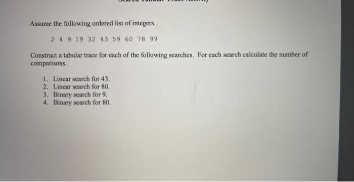 Assume the following ordered list of integers.
2 4 9 19 32 43 59 60 78 99
Construct a tabular trace for each of the following searches. For each search calculate the number of
comparisons.
1. Linear search for 43.
2. Linear search for 80.
3. Binary search for 9.
4. Binary search for 80.