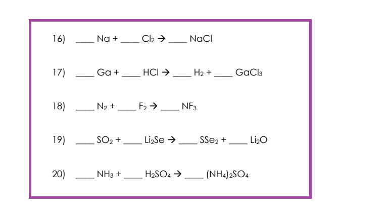 16)
17)
18)
19)
20)
Na +
Ga +
N₂ +
SO₂ +
NH3 +
Cl₂ →
HCI →
F₂ →
Li₂Se →
H₂SO4 →
NaCl
H₂ +
NF3
SSE₂ +
GaCl3
(NH4)2SO4
Li₂O