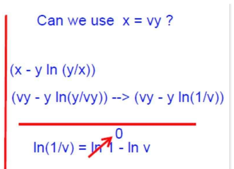 Can we use x = vy?
(x - y In (y/x))
(vy - y In(y/vy)) --> (vy - y In(1/v))
0
In(1/v) = - In v