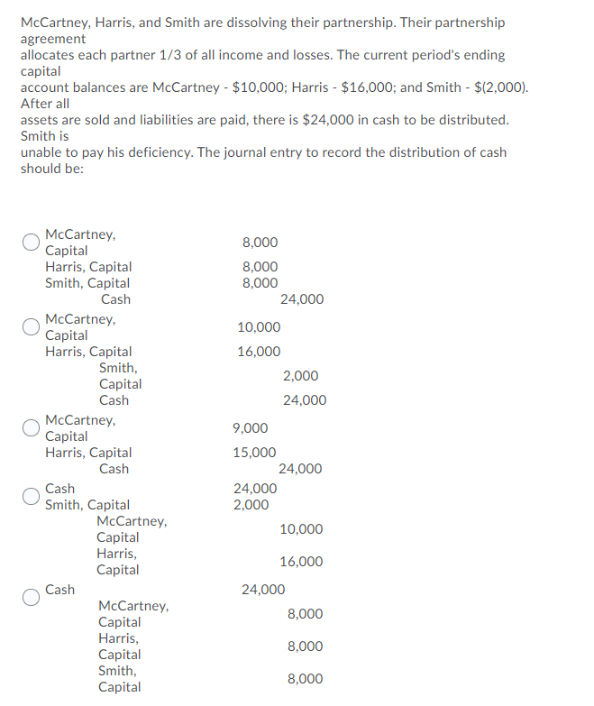 McCartney, Harris, and Smith are dissolving their partnership. Their partnership
agreement
allocates each partner 1/3 of all income and losses. The current period's ending
capital
account balances are McCartney - $10,000; Harris - $16,000; and Smith - $(2,000).
After all
assets are sold and liabilities are paid, there is $24,000 in cash to be distributed.
Smith is
unable to pay his deficiency. The journal entry to record the distribution of cash
should be:
McCartney,
Capital
Harris, Capital
Smith, Capital
Cash
8,000
8,000
8,000
24,000
McCartney,
Capital
Harris, Capital
Smith,
10,000
16,000
2,000
Capital
Cash
24,000
McCartney,
Capital
Harris, Capital
9,000
15,000
Cash
24,000
Cash
Smith, Capital
24,000
2,000
McCartney,
Capital
Harris,
Capital
10,000
16,000
Cash
24,000
McCartney,
Capital
Harris,
8,000
8,000
Capital
Smith,
Capital
8,000
