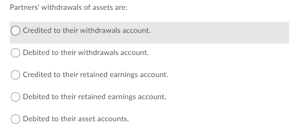 Partners' withdrawals of assets are:
O Credited to their withdrawals account.
Debited to their withdrawals account.
Credited to their retained earnings account.
Debited to their retained earnings account.
Debited to their asset accounts.
