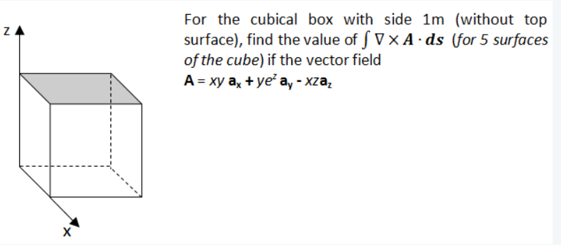 For the cubical box with side 1m (without top
surface), find the value of f V x A - ds (for 5 surfaces
of the cube) if the vector field
A = xy a, + ye? a, - xza,
ZA
