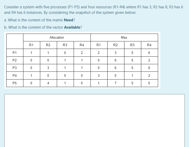 Consider a system with five processes (P1-P5) and four resources (R1-R4) where R1 has 3, R2 has 8, R3 has 6
and R4 has 6 instances. By considering the snapshot of the system given below:
a. What is the content of the matrix Need?
b. What is the content of the vector Available?
Allocation
Max
R1
R2
R3
R4
R1
R2
R3
R4
P1
1
1
2
P2
1
6.
5
2
P3
1
6
6
P4
1
1
P5
4.
1
7
6,
2.
LO
3.
2.
3.
3.
