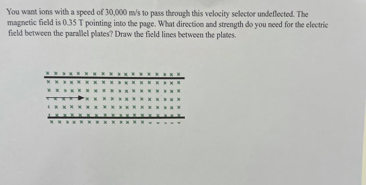 You want ions with a speed of 30,000 m/s to pass through this velocity selector undeflected. The
magnetic field is 0.35 T pointing into the page. What direction and strength do you need for the electric
field between the parallel plates? Draw the field lines between the plates.
x x x x x x x x x x x x x X X x x X
X x x X x X
x x x x x X
X x X x X
x x x x x x x x x x x X
X x X x x x XX x x X X
( x x x x x x
X x x x x x x X X XX
X X X X x x
X x x X X X
X X
*XX XX x
x X
* x X X
