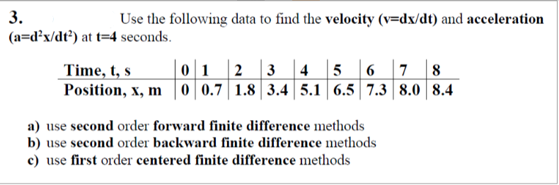 3.
Use the following data to find the velocity (v=dx/dt) and acceleration
(a=d²x/dt²) at t=4 seconds.
Time, t, s
0 1 2 3 4 5 6 7 8
Position, x, m0 0.7 1.8 3.4 5.1 6.5 7.3 8.0 8.4
a) use second order forward finite difference methods
b) use second order backward finite difference methods
c) use first order centered finite difference methods