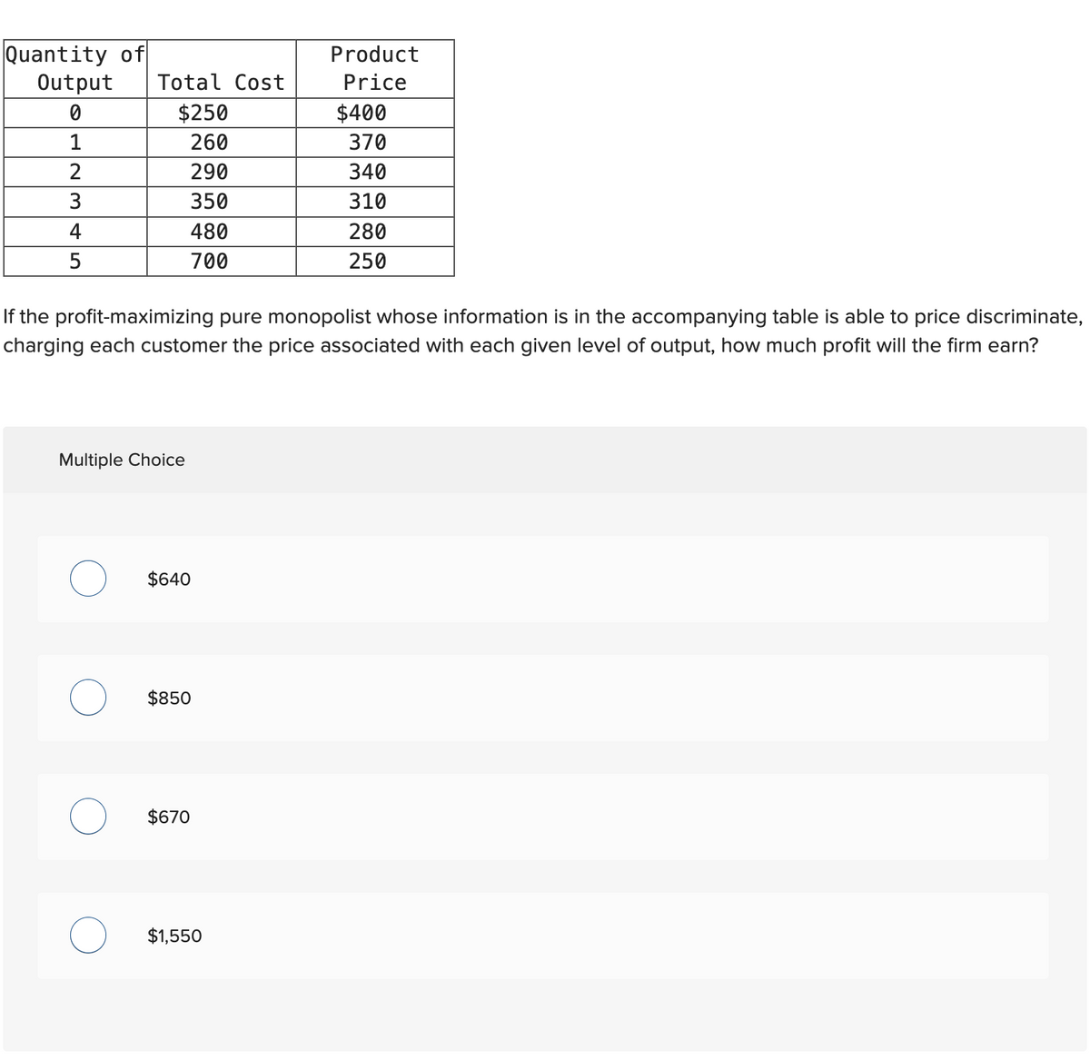 Quantity of
Output Total Cost
0
1
2
3
4
5
$250
260
290
350
480
700
Multiple Choice
If the profit-maximizing pure monopolist whose information is in the accompanying table is able to price discriminate,
charging each customer the price associated with each given level of output, how much profit will the firm earn?
$640
$850
$670
Product
Price
$1,550
$400
370
340
310
280
250