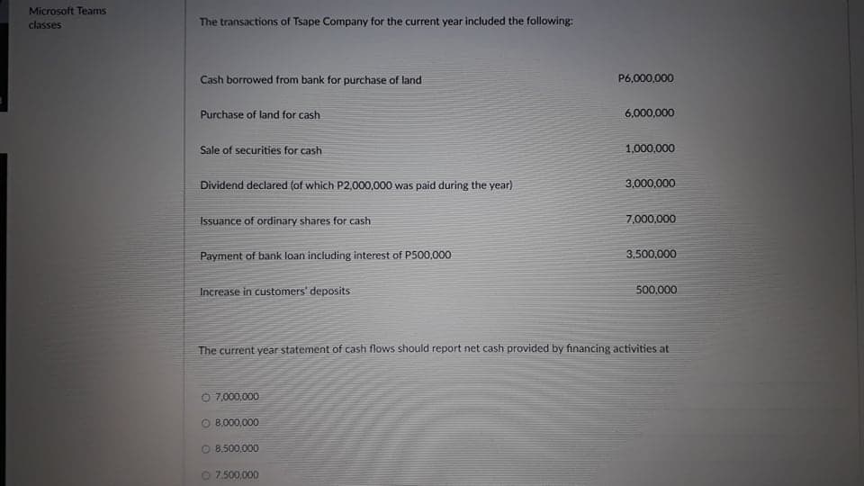 Microsoft Teams
classes
The transactions of Tsape Company for the current year included the following:
Cash borrowed from bank for purchase of land
P6,000,000
Purchase of land for cash
6,000,000
Sale of securities for cash
1,000,000
Dividend declared (of which P2,000,000 was paid during the year)
3,000,000
Issuance of ordinary shares for cash
7,000,000
Payment of bank loan including interest of P500,000
3,500,000
Increase in customers' deposits
500,000
The current year statement of cash flows should report net cash provided by financing activities at
O 7,000,000
O 8,000,000
O 8,500,000
O 7.500.000
