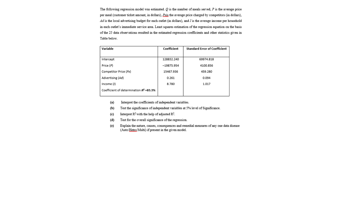 The following regression model was estimated. Q is the number of meals served, P is the average price
per meal (customer ticket amount, in dollars), Exis the average price charged by competitors (in dollars),
Ad is the local advertising budget for each outlet (in dollars), and I is the average income per household
in each outlet's immediate service area. Least squares estimation of the regression equation on the basis
of the 25 data observations resulted in the estimated regression coefficients and other statistics given in
Table below.
Variable
Coefficient
Standard Error of Coefficient
Intercept
128832,240
69974.818
Price (P)
-19875.954
4100.856
Competitor Price (Px)
15467.936
459.280
Advertising (Ad)
0.261
0.094
Income (I)
8.780
1.017
Coefficient of determination R =83.3%
(a)
Interpret the coefficients of independent variables.
(b)
Test the significance of independent variables at 5% level of Significance.
(c)
Interpret R? with the help of adjusted R?.
(d)
Test for the overall significance of the regression.
Explain the nature, causes, consequences and remedial measures of any one data disease
(e)
(Auto Hetro Multi) if present in the given model.
