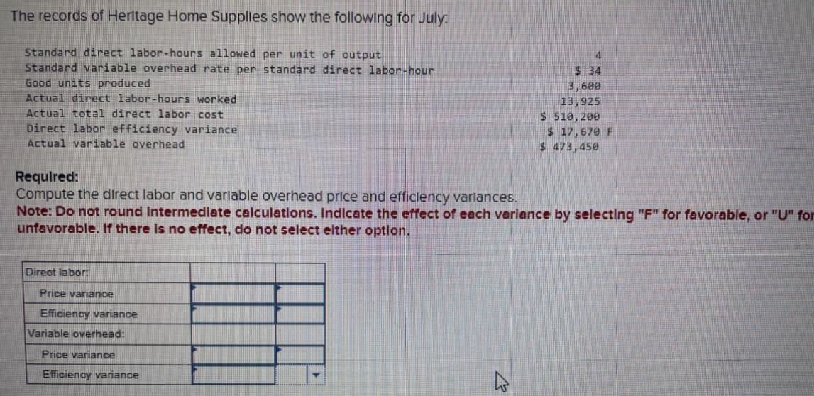 The records of Heritage Home Supplies show the following for July:
Standard direct labor-hours allowed per unit of output
Standard variable overhead rate per standard direct labor-hour
Good units produced
Actual direct labor-hours worked
Actual total direct labor cost
Direct labor efficiency variance
Actual variable overhead
Required:
Compute the direct labor and variable overhead price and efficiency variances.
$ 34
3,600
13,925
$ 510,200
$ 17,670 F
$ 473,450
Note: Do not round Intermediate calculations. Indicate the effect of each variance by selecting "F" for favorable, or "U" for
unfavorable. If there is no effect, do not select either option.
Direct labor:
Price variance
Efficiency variance
Variable overhead:
Price variance
Efficiency variance